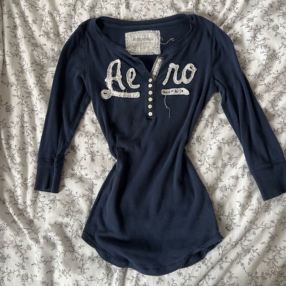Aeropostale Blue Polo Collar 3/4 Sleeve Fitted Blouse